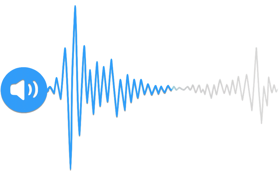A speaker glyph at the head of an audio waveform whose peaks decay from left to right, blue at the loud end and white at the quiet one.